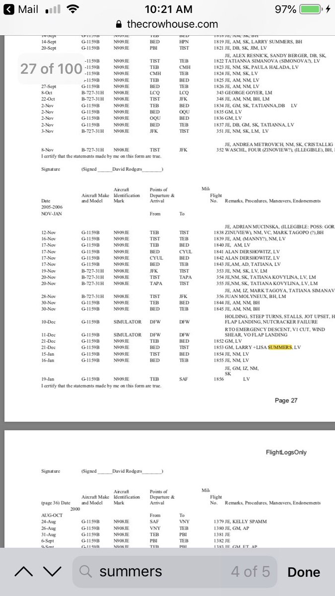 Here are a few examples:Handwritten versions are available as well. See the court docs. It’s a felony to falsify flight logs/submit to court. https://www.thecrowhouse.com/Documents/jeffrey-epstein-flight-logs.pdfWhere are the journalists?  https://www.documentcloud.org/documents/6250471-Epstein-Docs.html