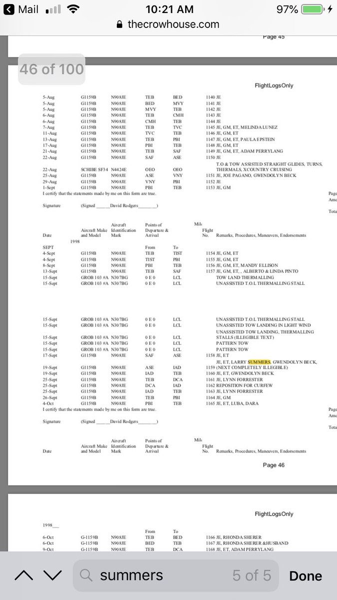 Here are a few examples:Handwritten versions are available as well. See the court docs. It’s a felony to falsify flight logs/submit to court. https://www.thecrowhouse.com/Documents/jeffrey-epstein-flight-logs.pdfWhere are the journalists?  https://www.documentcloud.org/documents/6250471-Epstein-Docs.html