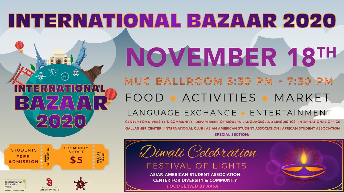 We are excited to finally announce our long-waited event, the International Bazaar 2020! In collaboration with International Education Week, on Wednesday November 18th, 2020 from 5:30 PM - 7:30 PM in the MUC Ballroom we will be having USD's first annual bazaar.