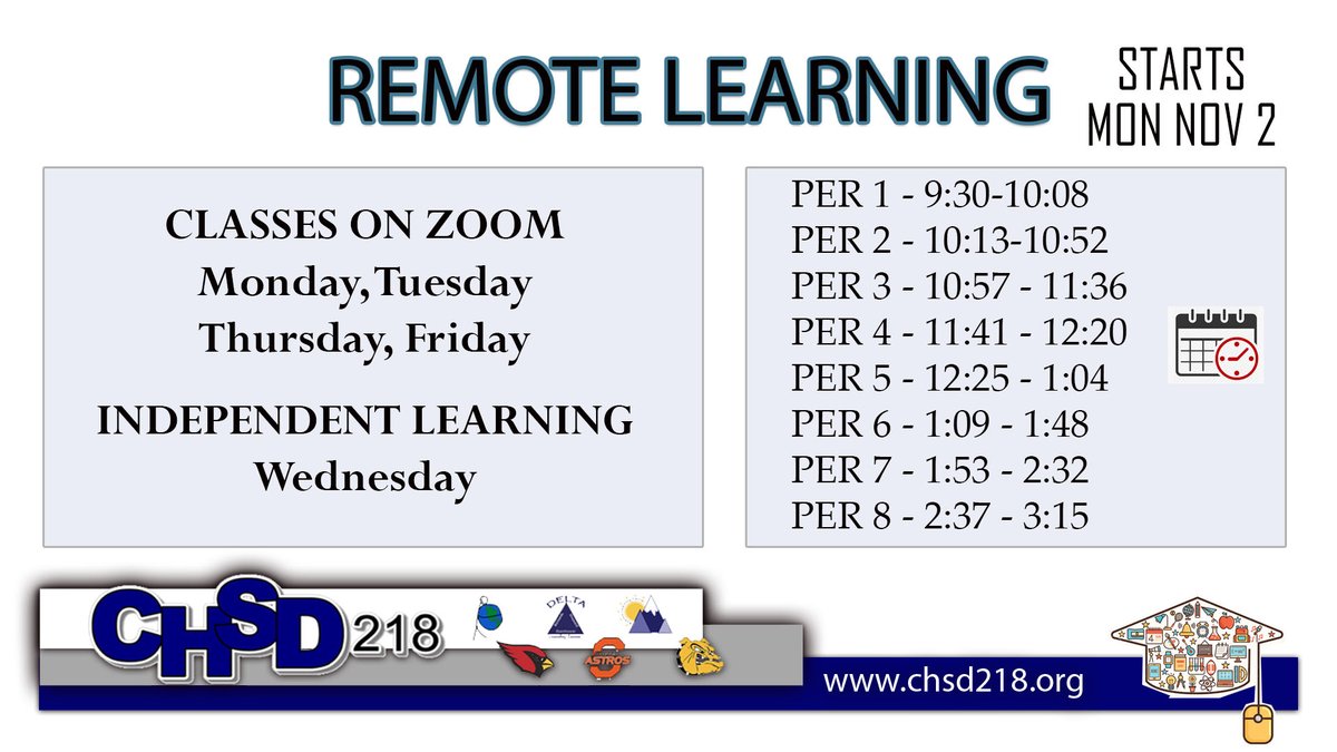 District 218 is taking an adaptive pause on in-person learning, due to the rising numbers of cases in the area. On Monday Nov 2nd, all classes will be back to remote learning on Zoom 4x a week.