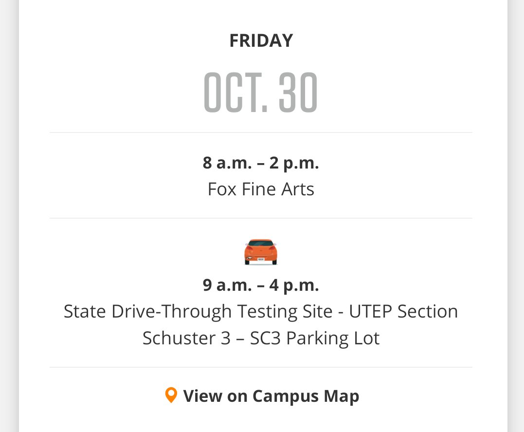 Good morning, Miners! Here are today's testing sites and times. Remember to wear your face coverings at all time and to bring your ID. Be safe, bundle up, and go Miners! 🧡💙⛏️🧡💙⛏️