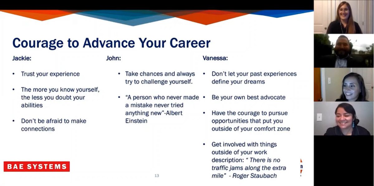 BAES_Careers's tweet image. “Don’t let your past experiences define your dreams.” Powerful words from Vanessa Wallace during our #SHPE2020 panel discussion. The session—also featuring  Jackeline Carpio and John-Mathew Urby—focused on being successful in the new corporate climate.