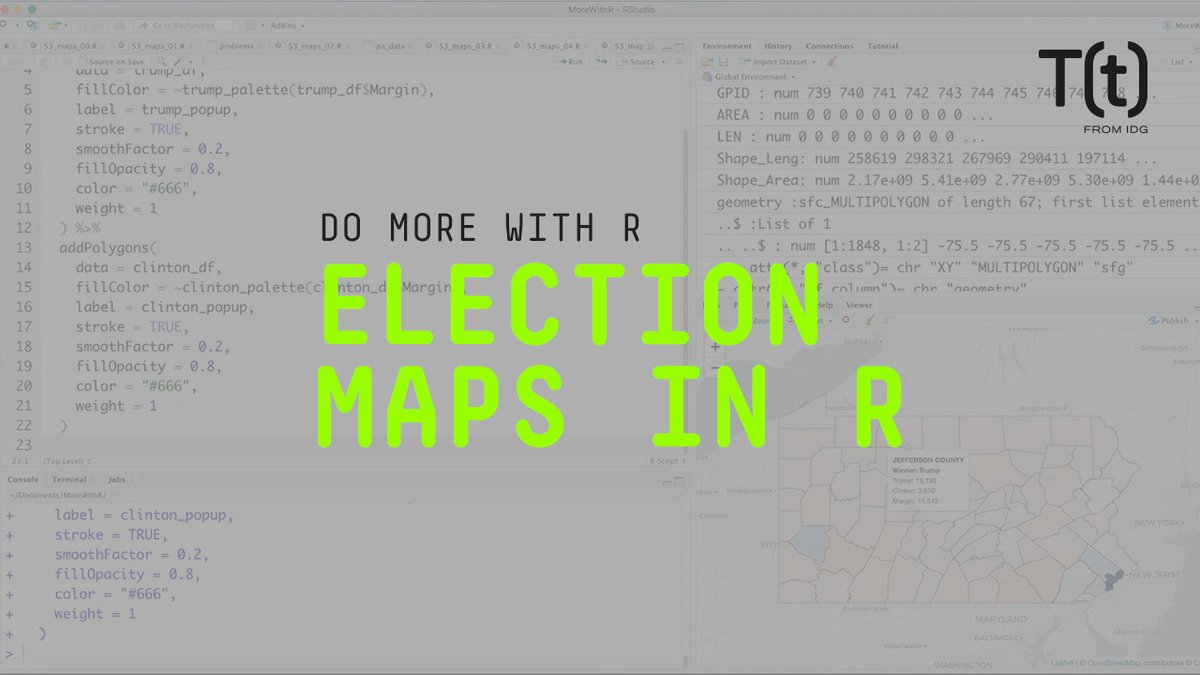 InfoWorld's tweet image. [Video] How to make election maps in R — @sharon000 shows you how to use the R leaflet package to color code an election map by winner, loser, and margin of victory.

🎥 Watch the video: trib.al/I4GS1iP

#Rstudio #ElectionMap #election #Election2020