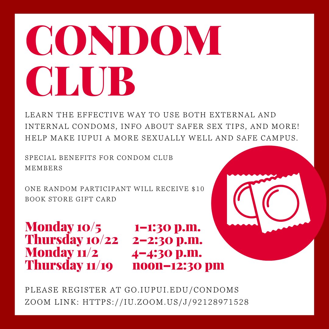 IUPUIwellness's tweet photo. Our next Condom Club training is this Monday! You can pre-register at https://t.co/TEAxs5EsQp. While you're there, you can request a special sexual health product order from our office. #JagWELL #condomclub https://t.co/bY9No0lsr6