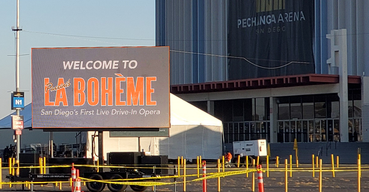 InsaneImpact's tweet image. As events transition outdoors, we have been keeping busy with drive-ins - but this one is a first for us! We are thrilled to be providing 6 MAX screens for La Bohème - San Diego's first live drive-in opera! @SDOpera #driveinshow #opera #mobileledscreen #ledscreenrental