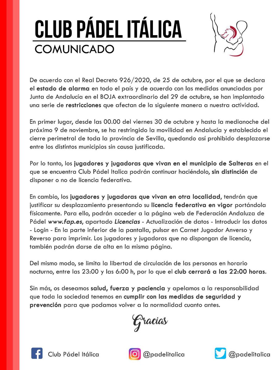 padelitalica's tweet photo. COMUNICADO 🎾📢 Club Pádel Itálica seguirá ofreciendo sus servicios para todos los usuarios que puedan desplazarse hasta nuestras instalaciones. https://t.co/GUaNzZKXDr