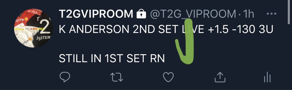 MRT2GPICKS's tweet photo. ANDERSON 2ND SET +1.5 ✅ 3U
ANDERSON ML +400 1/4U ✅ ✅ 
ANDERSON +1.5SETS +135 ✅ 3U
ANDERSON +4 ✅ 4U
ANDERSON LIVE UN 25.5 ✅ 3U
ANDERSON UN 22.5 👎🏾-3U ENDS ON POINT 23 or WOULD HAVE 🧹 

#T2GSYSTEM 🤒 

LIKE AND RT THEN DM FOR FREE PLAY ONLY AFTER U DO BOTH https://t.co/Q64fh7FC3q