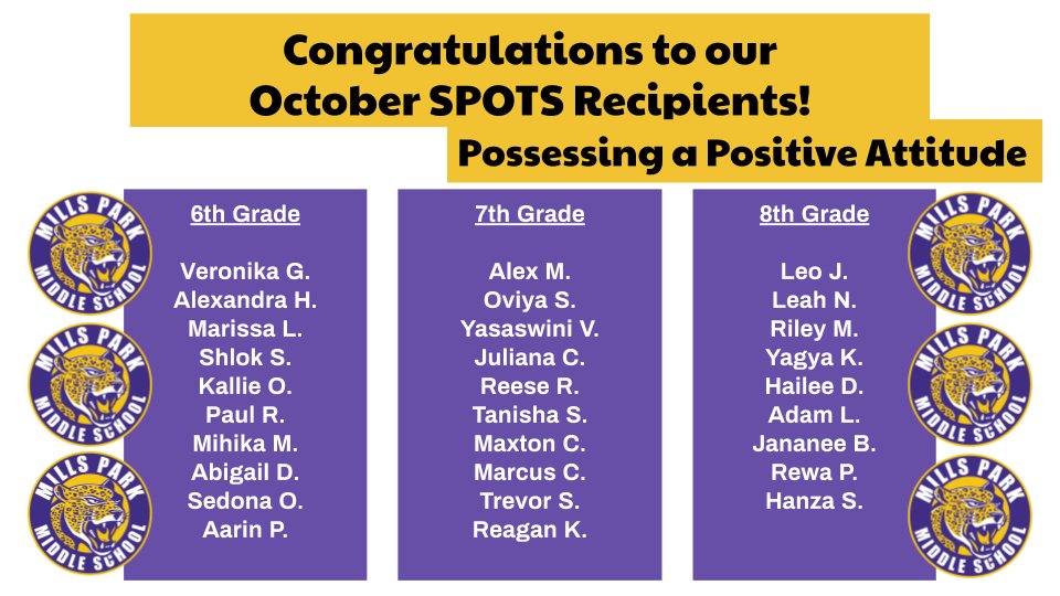 MPMSleopards's tweet photo. Congratulations and Shout-outs to these awesome @MPMSleopards  who Possess a Positive Attitude in their classes and life!  Your character encourages all of us to look on the bright side!  #PBIS #CharacterCounts https://t.co/L5orQxJmh5