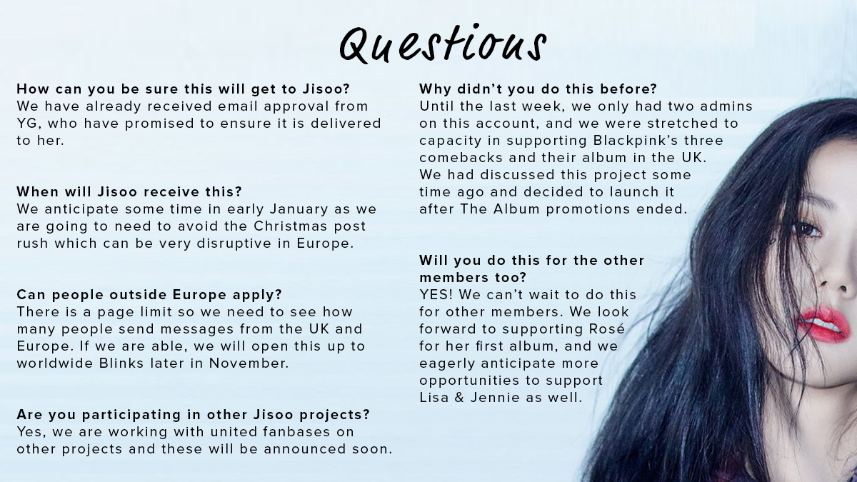 UK_BLINKS's tweet photo. A BOOK FOR JISOO: PROJECT
Part 1 of our project for Snowdrop. 

Blinks in the UK &amp; Europe are invited to write messages for Jisoo, which will be compiled into a professionally printed hardback book &amp; delivered to her via YG. 

🗓️ DEADLINE November 22nd

👉 https://t.co/yUpKh8bzL5 https://t.co/dOswiH8PWI