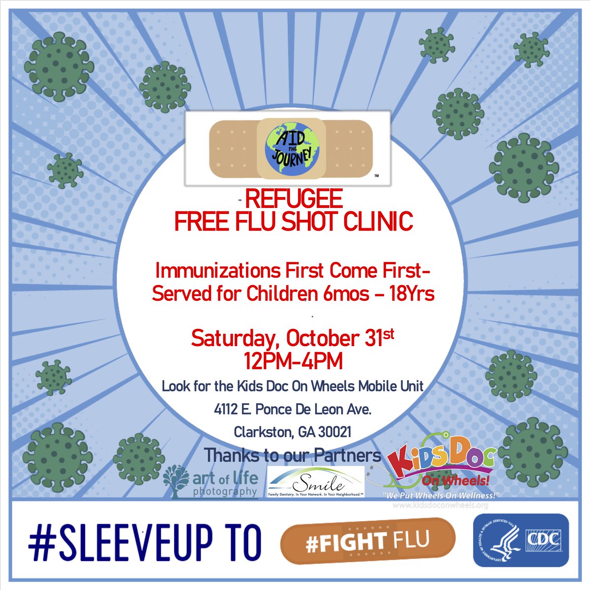EmbraceRefugee's tweet photo. This Saturday Aid the Journey and Kids Doc On Wheels will be giving out free flu shots for refugee children 6 months - 18 years old! 12pm-4pm on Saturday 10/31 at 4112 E. Ponce De Leon Ave. Clarkston, GA 30021. 
#healthymoms #healthybabies #fightflu https://t.co/75NKniBe8G