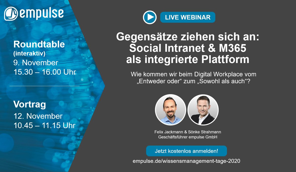 #Microsoft365 ist aktuell in aller Munde. Wir zeigen: #Microsoft365 und Social Intranet gehören zusammen und bilden gemeinsam einen maßgeschneiderten und integrierten #DigitalWorkplace für ALLE Mitarbeiter.

👉 Jetzt kostenlos anmelden: empulse.de/wissensmanagem…