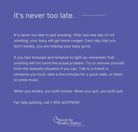 BmoreforBabies's tweet photo. If you smoke just one cigarette per day while pregnant, your baby is twice as likely to die from SIDS. The good news is, the risk gets smaller when you smoke less or quit.
For help quitting smoking, call 1-800-QUITNOW. #SLEEPSAFE #NotOneMoreBaltimore https://t.co/cpT7lpGFBG