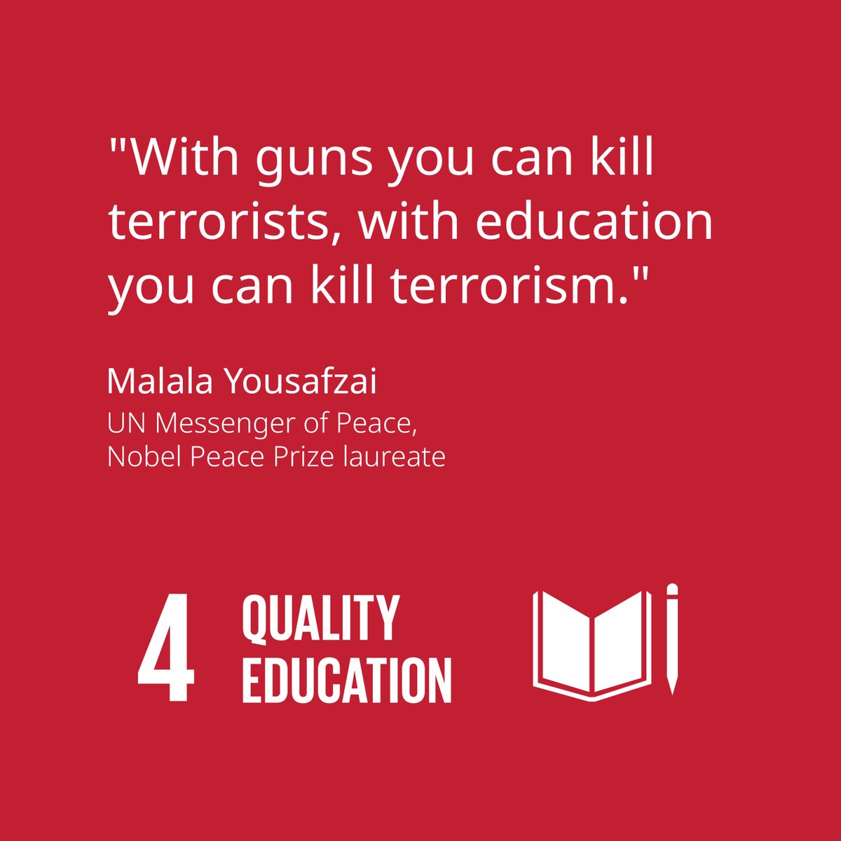 UNGeneva's tweet photo. “With guns you can kill terrorists, 
With education you can kill terrorism.”

— @UN Messenger of #Peace &amp; #NobelPeacePrize winner @Malala Yousafzai

https://t.co/JhNotogR2Y
#GlobalGoals #SDG4
#EducationForAll 📘✏️📚📙📕🖊️ https://t.co/7ciLrMvFGG