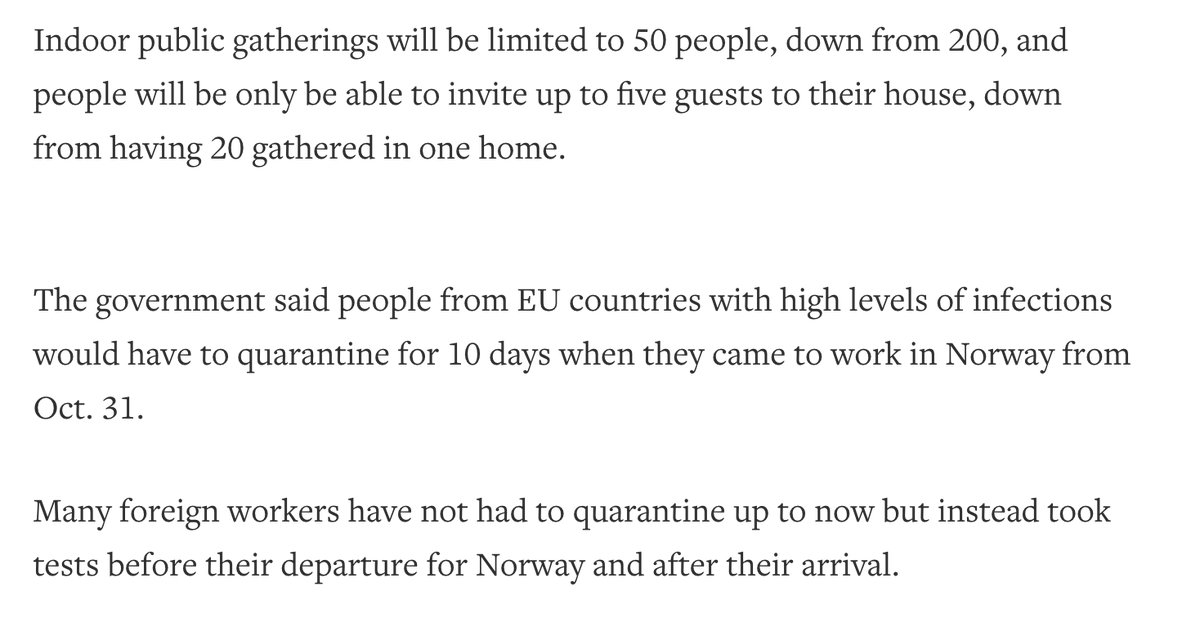 Norway: Another Nordic, has some of the lowest incidence rates in ECDC area. However, like others, seeing record numbers, albeit very low records. Was at about 1,800 cases a *week* per last thread, yesterday *daily* number was c.400. Some new measures in recent days: