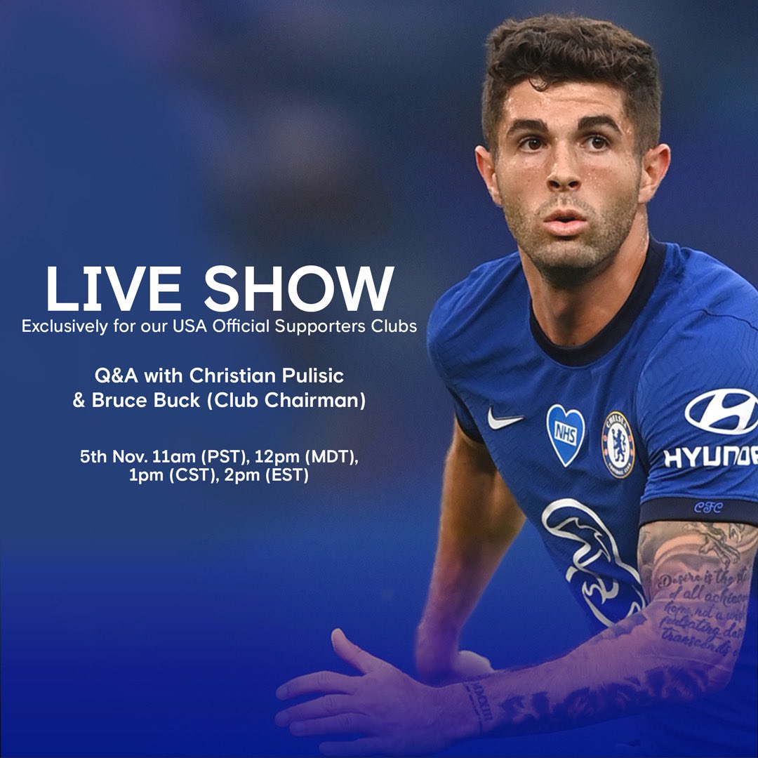 Chelsea FC is bringing an event exclusively to USA’s Official Supporters Club members that will feature a Q&amp;A with Christian Pulisic (Chelsea winger), along with other interviews with Bruce Buck (Club Chairman) and Caroline Buckland (Fan Engagement Lead).
<a href="/ChelseaFCinUSA/">Chelsea FC USA</a>