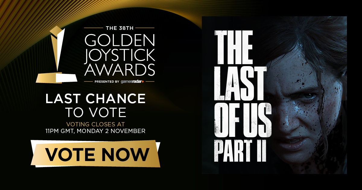 Naughty_Dog's tweet photo. There are just a few days left to vote in the @GoldenJoysticks! We're honored to have The Last of Us Part II up for PlayStation Game of the Year, Best Visual Design, Best Storytelling, and Best Audio, as well as to be nominated for Best Studio.

Vote here: https://t.co/yJh4hsA3KS https://t.co/wVTTHF6AZ5