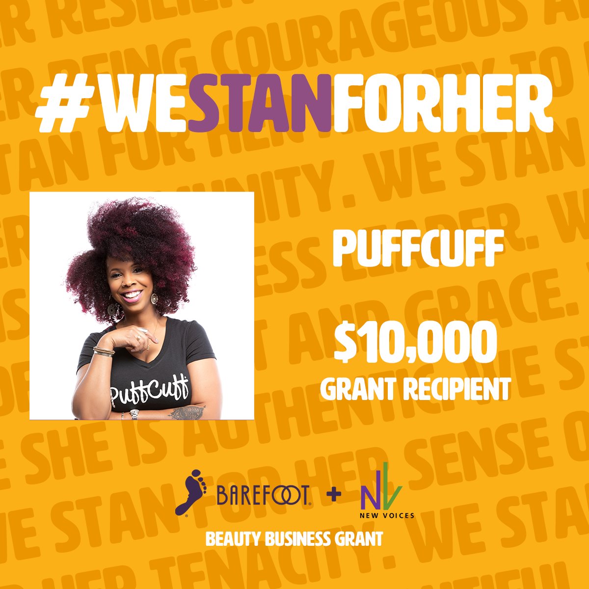 ThePuffCuff's tweet photo. PuffCuff is a recipient of a @barefootwine + @newvoicesfamily Beauty Business Grant! Among five beauty brands to be awarded this grant, #WeStanForHer highlights the truths of what it means to be a Black woman in America. We are so grateful for the belief in #PuffCuffs mission! 💜 https://t.co/D9vvYze8p3
