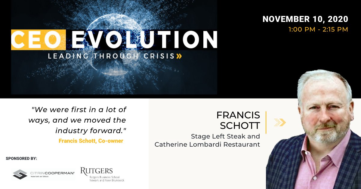 citrincooperman's tweet photo. #CEOEvolution co-hosted by @RutgersBSchool introduces Francis Schott, co-owner of the popular @StageLeftNB & @cathlombardi. He has perfected the customer experience with innovative dining & entertainment concepts and has become an anchor in his community. https://t.co/hSiEF88d0N https://t.co/BDZ6H1KnZh