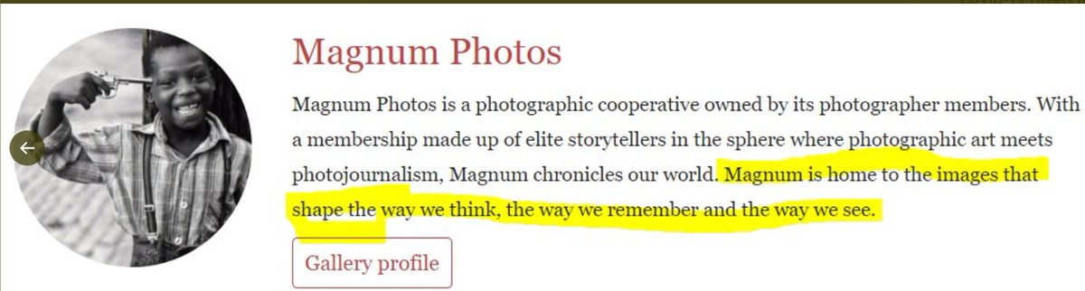That  @MagnumPhotos avatar. Still up. With the text: 'elite storytellers'. How the pic is being used tells a story of what it traditionally took to be considered an 'elite' photog in a white supremacy world.