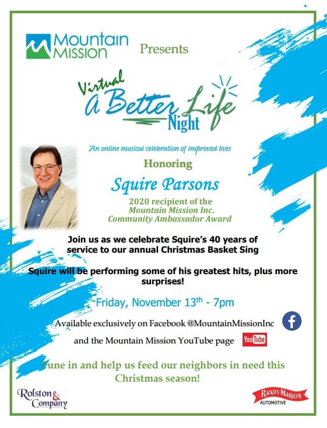MtMissionInc's tweet photo. Make your plans now to join us Friday, November 13th at 7pm EXCLUSIVELY on our Facebook and YouTube pages as we present A Virtual Better Life Night! We are excited to be honoring Squire Parsons as our 2020 Community Ambassador Award recipient. 

Please share! https://t.co/xwEwpOUbmq