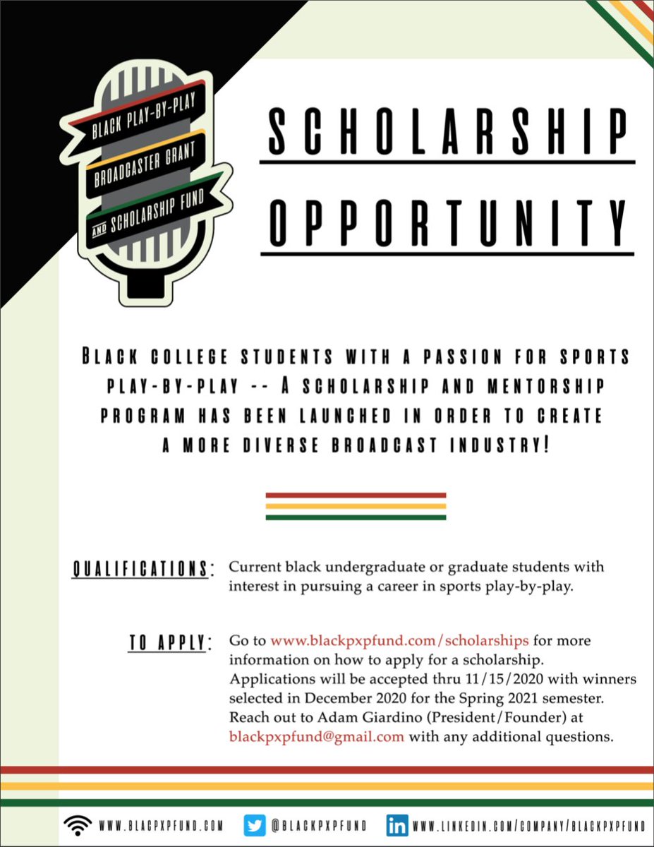 BlackPxPFund's tweet photo. ATTENTION: Current, black undergrad/graduate students interested in sports play-by-play... 

You have ~48 hours left to submit your application for one of the three (3) $1,000 scholarships that will be awarded for the Spring 2021 semester

More Info: https://t.co/lP7Zv8I5cx https://t.co/XavjScDQKW