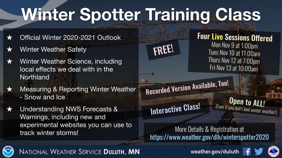 NWSduluth's tweet photo. NEW: This winter we will be offering special Winter Spotter Training classes! Four live classes to choose from, and a recorded version will be available, too! More info at https://t.co/jY3bcFbCMV #MNwx #WIwx https://t.co/cq48Ed5UYO