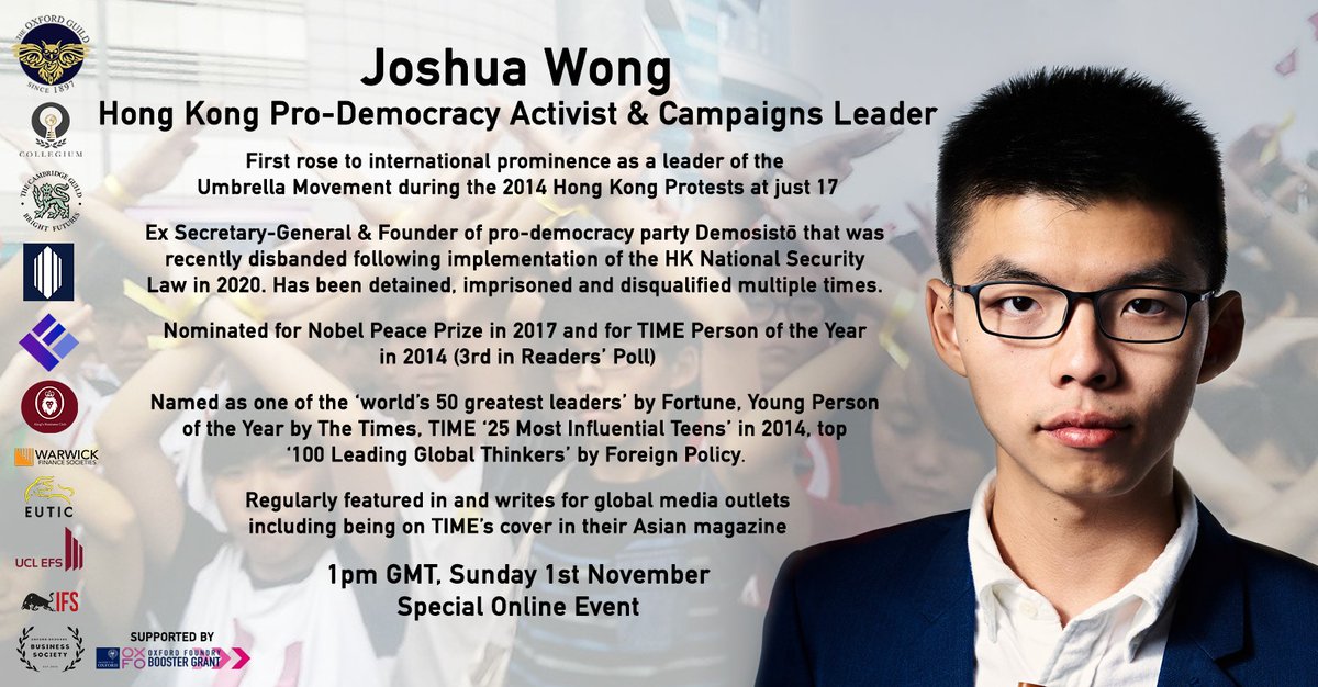 We are hosting an online event with Joshua Wong, the globally known Hong Kong Pro-Democracy Activist &amp; Campaigns Leader on Sunday 1st Nov at 1 pm UK time. Register here: tinyurl.com/JoshuaWongTalk
facebook.com/events/1659343…