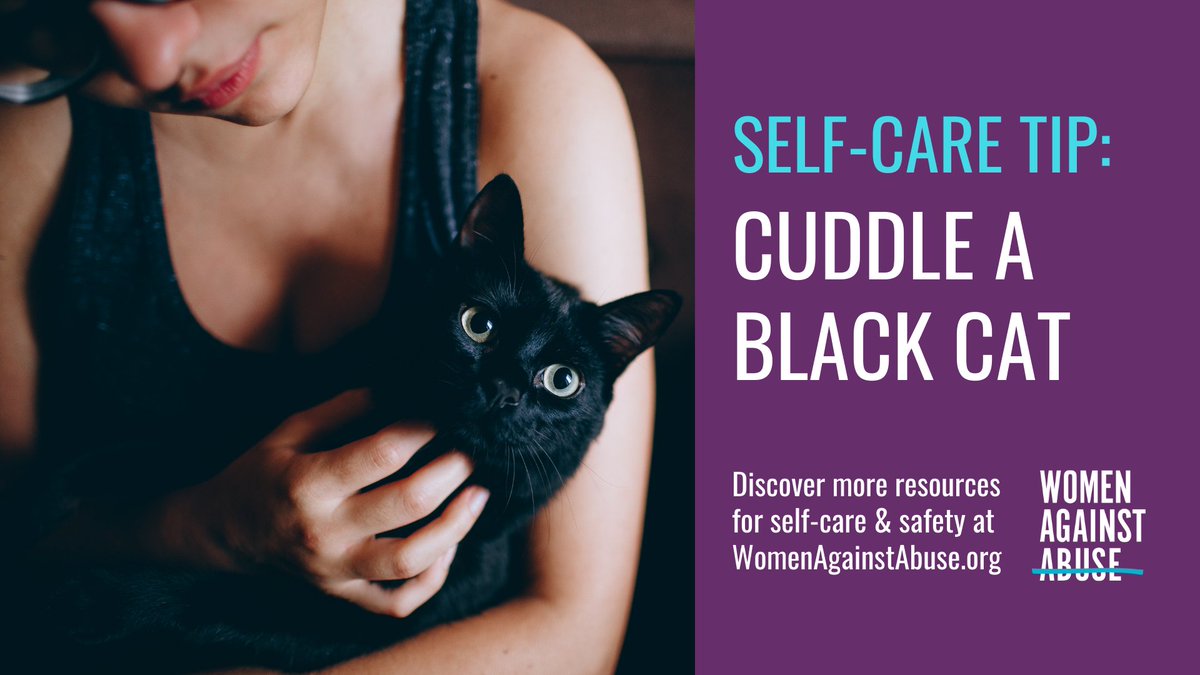 WomenAgnstAbuse's tweet photo. For today's #FeelGoodFriday, we're reflecting on the benefits of cuddling a black cat, since it's #BlackCatAwarenessMonth! Cats can help reduce anxiety &amp; feelings of sadness, which can make a big difference for survivors of abuse as they heal. https://t.co/UW8LfiWobM
