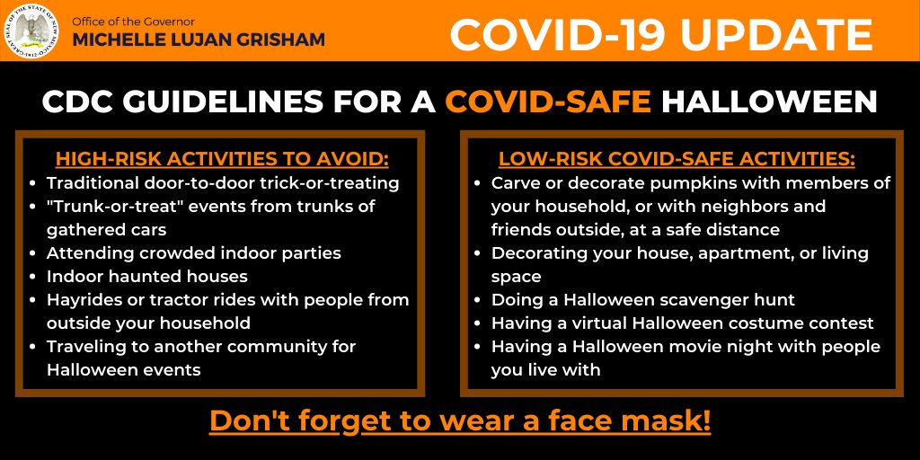 GovMLG's tweet photo. This Halloween weekend, New Mexico is counting on you to be COVID-safe.

Please, stay home. Carve pumpkins, watch scary movies, do a Halloween candy scavenger hunt around the house.

Anyone you come into contact with could be carrying the virus, and it's just not worth the risk. https://t.co/MJZetgeFgd