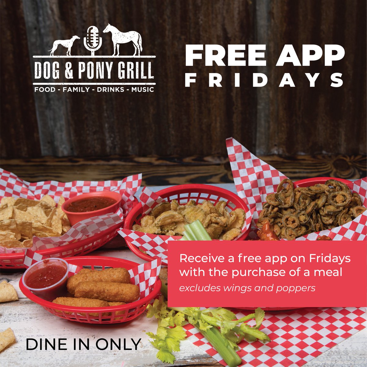 dogandponygrill's tweet photo. 🚨 🚨#FreeAppFridays 🚨 🚨 When you order a meal on a Fridays, you'll be able to get an #appetizer #free! This deal is limited to one appetizer per group and for dine-in customers only. #SupportLocal #BoerneStrong https://t.co/qMFBAIgaB7