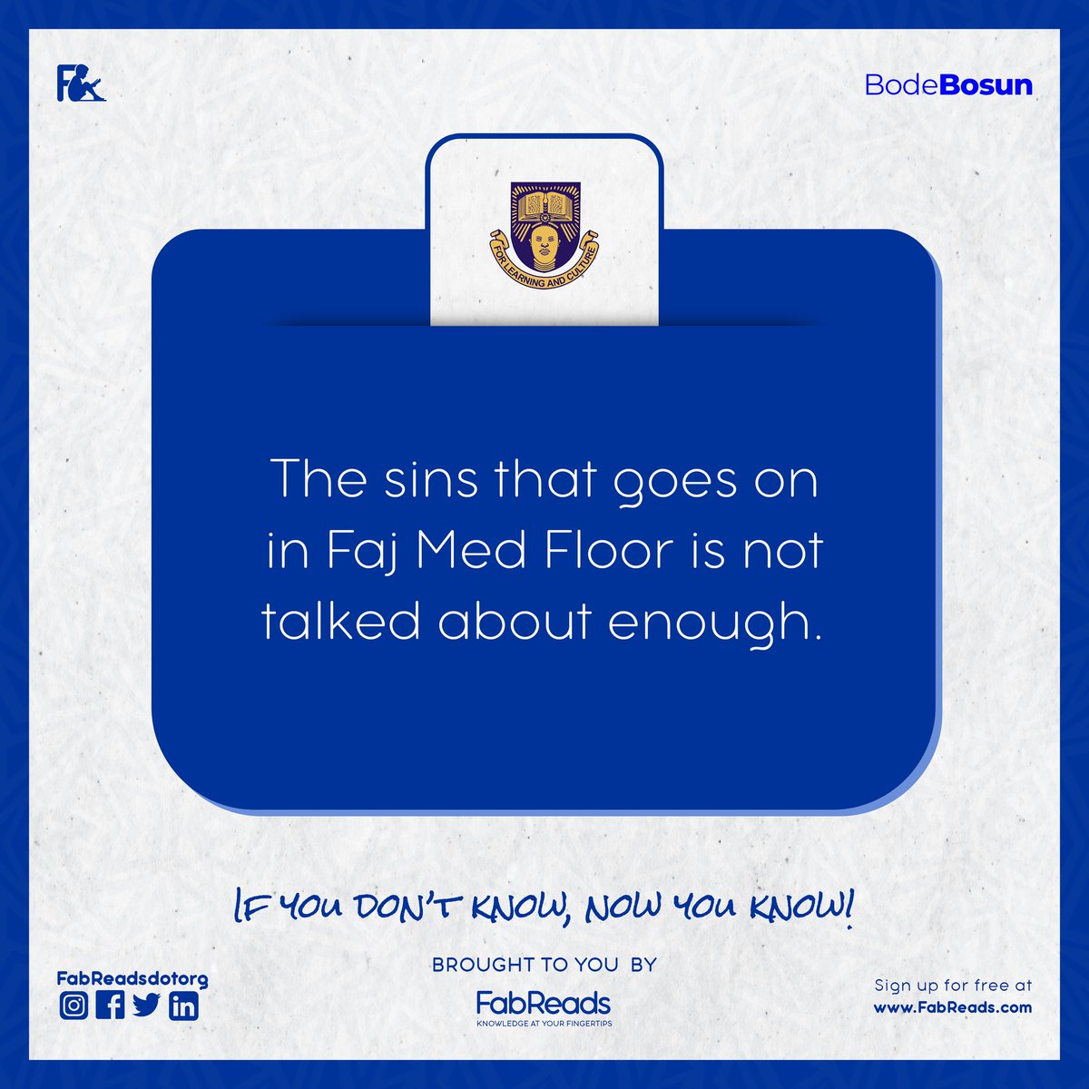 FabReadsdotcom's tweet photo. Tag your friends that stay in Med floor and say nothing ππ
#ifyoudontknownowyouknow #fabreads #learnwithfabreads #oau #ifestudents #greatife #ife #oaustudents #youths #students #read #knowledgeatyourfingertips #motionground https://t.co/cmIChli8j8 https://t.co/lIzWTAUUCQ