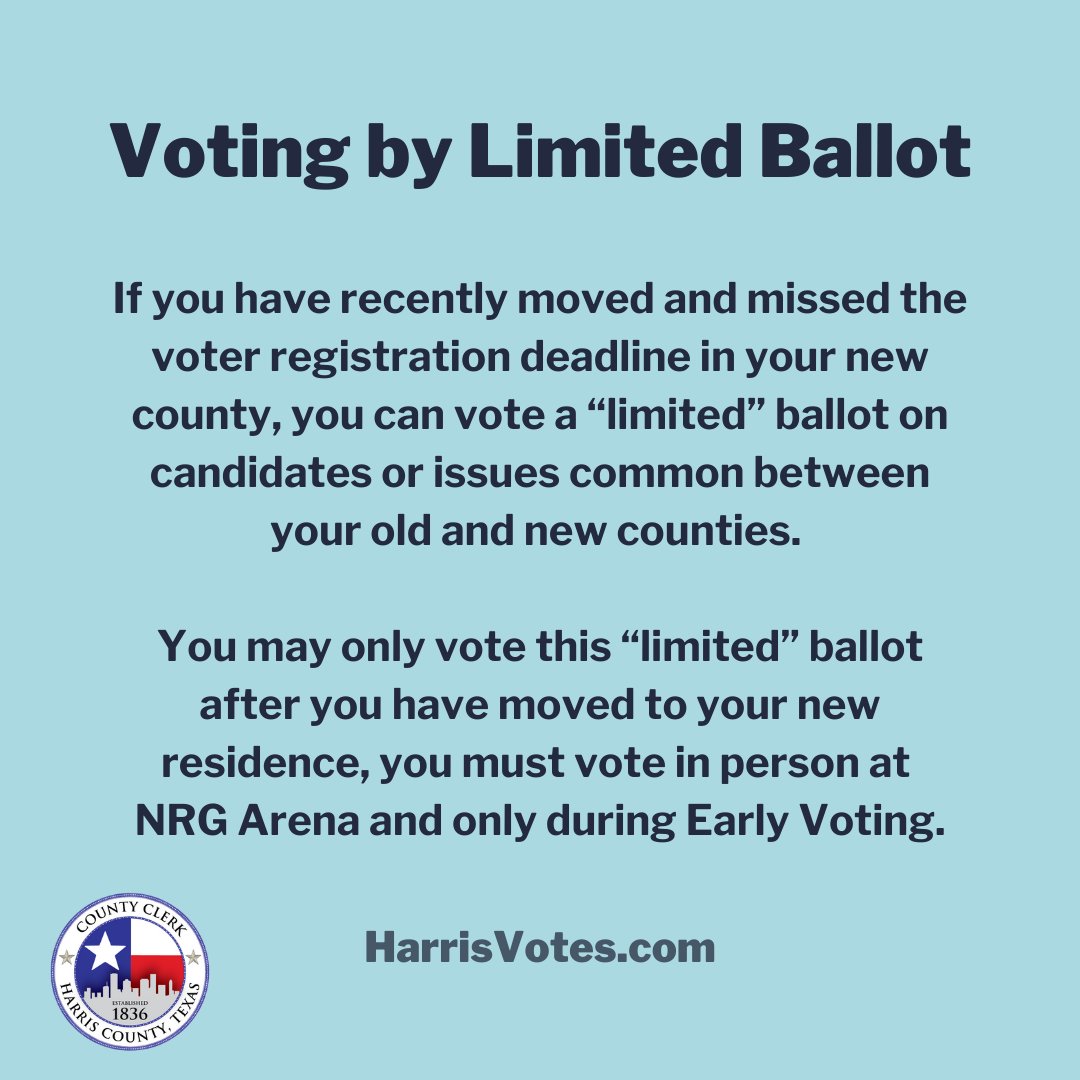 Today is the final day that voters can vote via limited ballot. That can only be done  @nrgpark and in person. Limited ballots are for voters who recently moved to Harris County from another Texas county but haven't yet updated their voter registration.