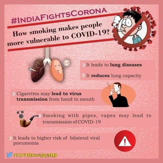#IndiaFightsCorona:
๐How smoking makes people more vulnerable to #COVID19โโโ
โ๏ธ It leads to lung diseases
โ๏ธ It reduces lung capacity
โ๏ธ Cigarettes may lead to virus transmission from hand to mouth
#Unite2FightCorona #StaySafe #IndiaWillWin https://t.co/I8D7lefNdu