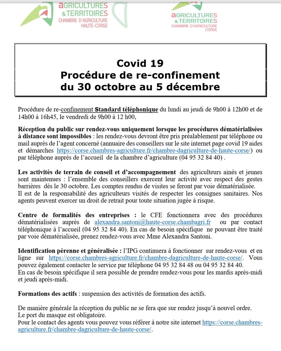 #ConfinementActe2 #corse #agriculture les chambres d'agricultures maintiennent leur activité pendant cette periode. Retrouvez nos modalités d'organisation. #PrenezSoinDeVous #stateincasa