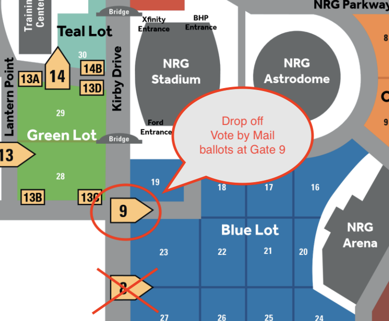 Vote by Mail ballot drop-off at NRG -- Gate 9 for cars, Gate 2 for pedestrians -- is open: - Friday until 7 p.m.- CLOSED this weekend- 8 a.m.-4:30 p.m. Monday- 7 a.m.-7 p.m. Election Day