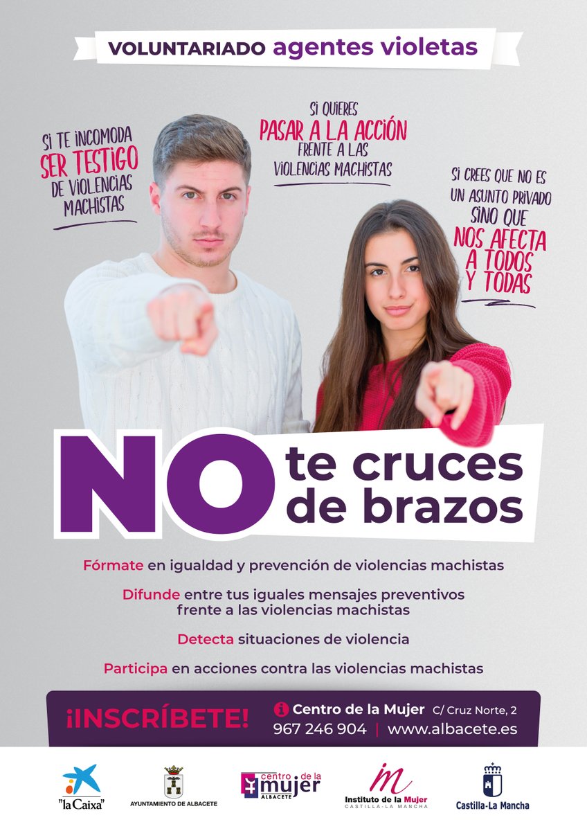 cij_albacete's tweet photo. Si tienes entre 18 y 30 años y sientes compromiso por la #igualdad entre mujeres y hombres y ganas de formarte e implicarte para lograrla, consulta la BIO del instagram @centromujeralbacete.
#ProyectoVioleta https://t.co/9iGKfKqIDr