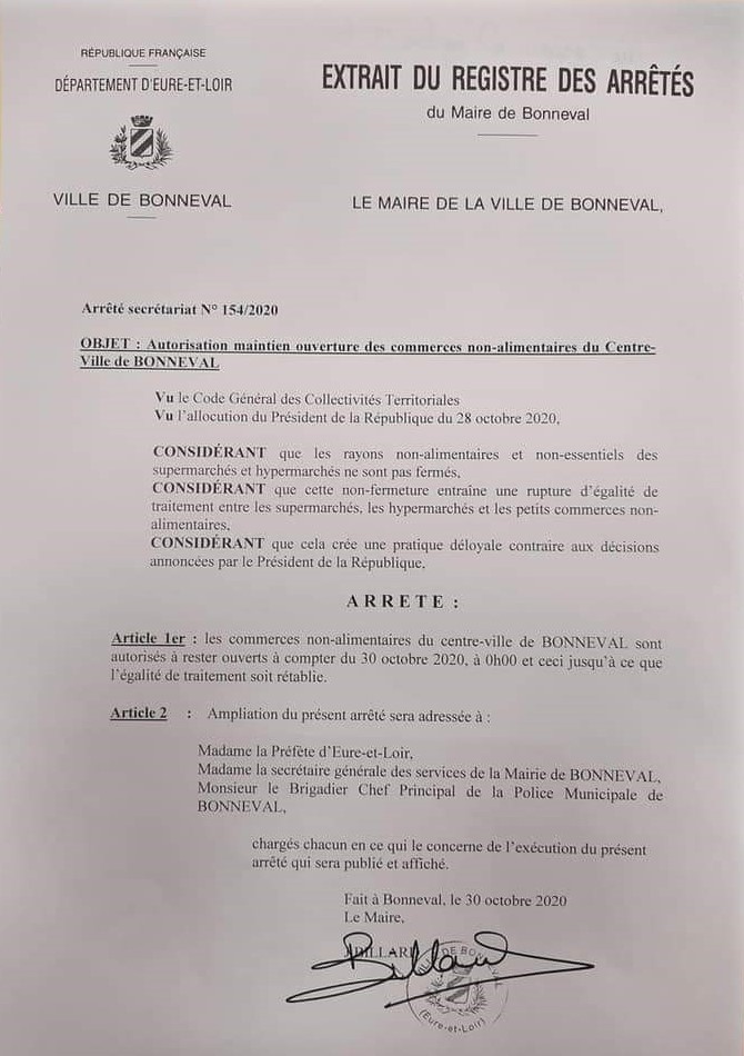 FCACommerce's tweet photo. [COVID-19 - OUVERTURE DES COMMERCES] Certains élus entrent en résistance #arrêté #bonneval @eurelien https://t.co/IeROfSUaej