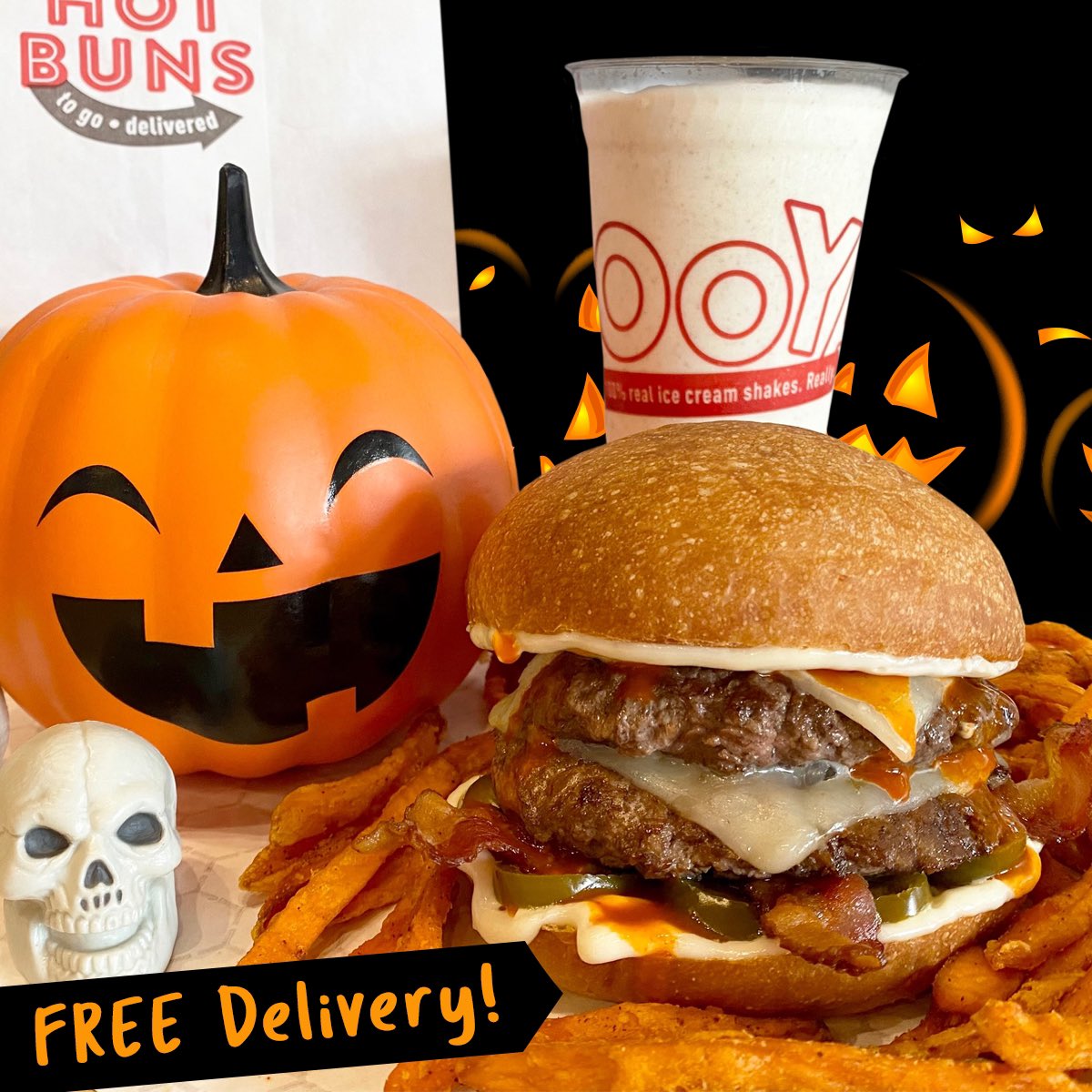 MOOYAHBurgers's tweet photo. We have a #Halloween treat for you… eat, drink &amp; be scary with #FREEdelivery on any app/online order thru 11/1, powered by @DoorDash. 🎃🍔🛵 #MOOYAH #bestburger #doublediablo #pumpkinpieshake #fooddelivery #sweetpotatofries #trickortreat #happyhalloween https://t.co/nKb5Rr30Xu https://t.co/0dEEfU9xvt