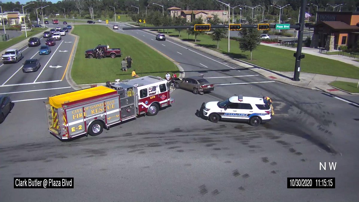 VEHICLE CRASH: Clark Butler @ Plaza Blvd. NB Inside lane, EB Thru lane, and both SB and WB Left Turn lanes are blocked. Please use caution in the area. - KDC
