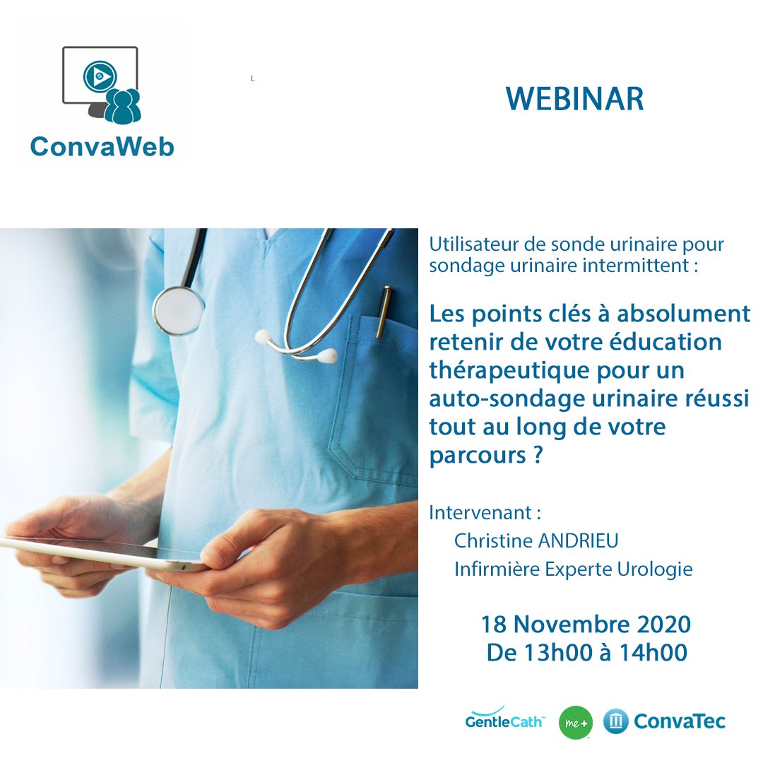 GentleCathFR's tweet photo. Mme Christine ANDRIEU, Infirmière experte en Urologie, nous parlera d'éducation thérapeutique en auto-sondage urinaire. RDV le 18 Novembre 2020 à 13h. Recevez votre lien d'accès en vous inscrivant ici: 
https://t.co/8MdgUsgESY https://t.co/S1U7jtgi0T