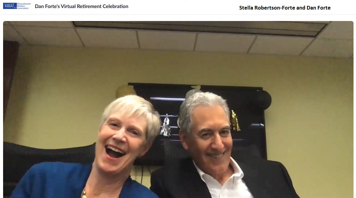 MaBankersAssoc's tweet photo. The Massachusetts Bankers Association's "New Normal" includes a Zoom Retirement Celebration. 

Yesterday, we celebrated 35 years of dedicated leadership by Dan Forte at @MaBankersAssoc.

Congratulations on your Retirement @Daniel_J_Forte! #MABankersClassof2020 https://t.co/AdjOvo1V71
