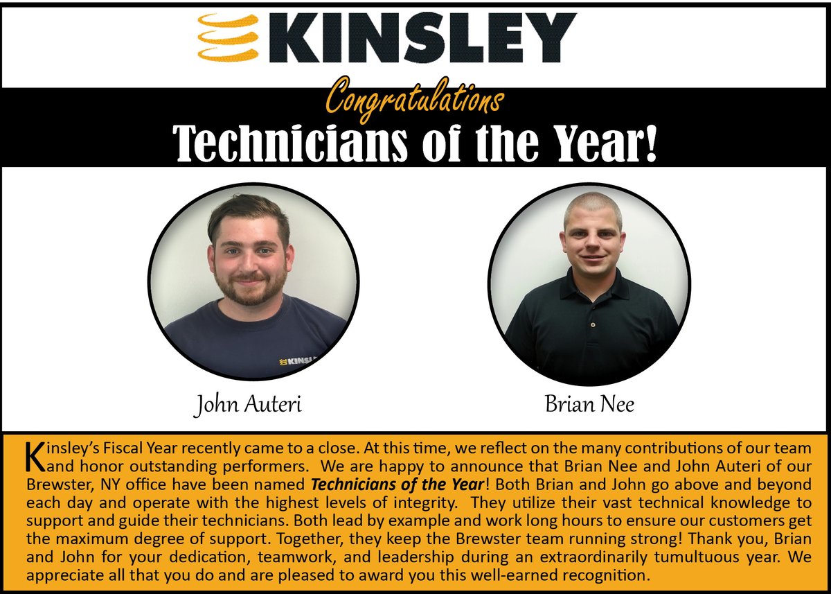 KinsleyPower's tweet photo. Congratulations John and Brian and thank you to all of our technicians who have worked so hard this year to support our customers! https://t.co/59IE7ODwwF
