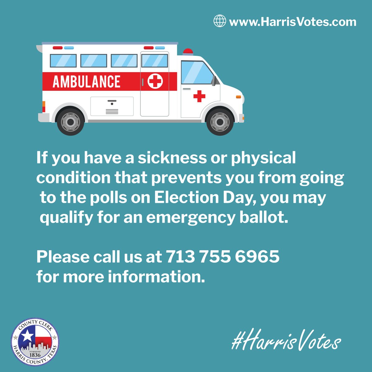 If a voter is unable to make it to a Voting Center due to illness, contact us immediately to see if they qualify for an emergency ballot. 713-755-6965.