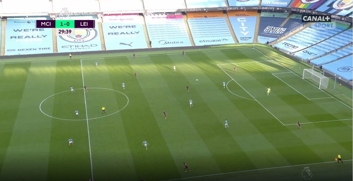 Here’s a nice view of Leicester’s 3-4-3 set up in build-up with Barnes at the very bottom of the screen at the juncture of the halfway line and the sideline: