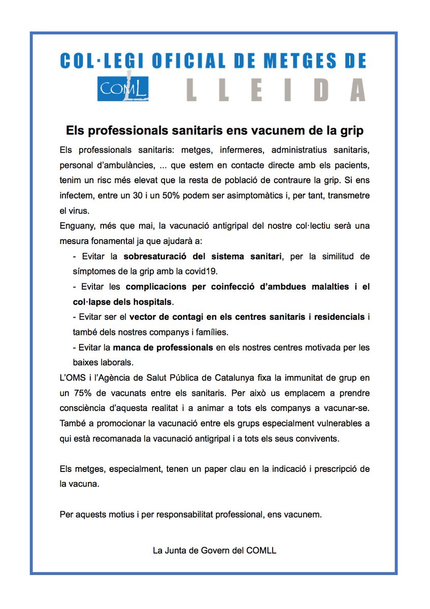 COMLLEIDA's tweet photo. ℹ️ Des del #COMLL recordem que els professionals sanitaris ens vacunem de la #grip. https://t.co/juK0JDWlpP