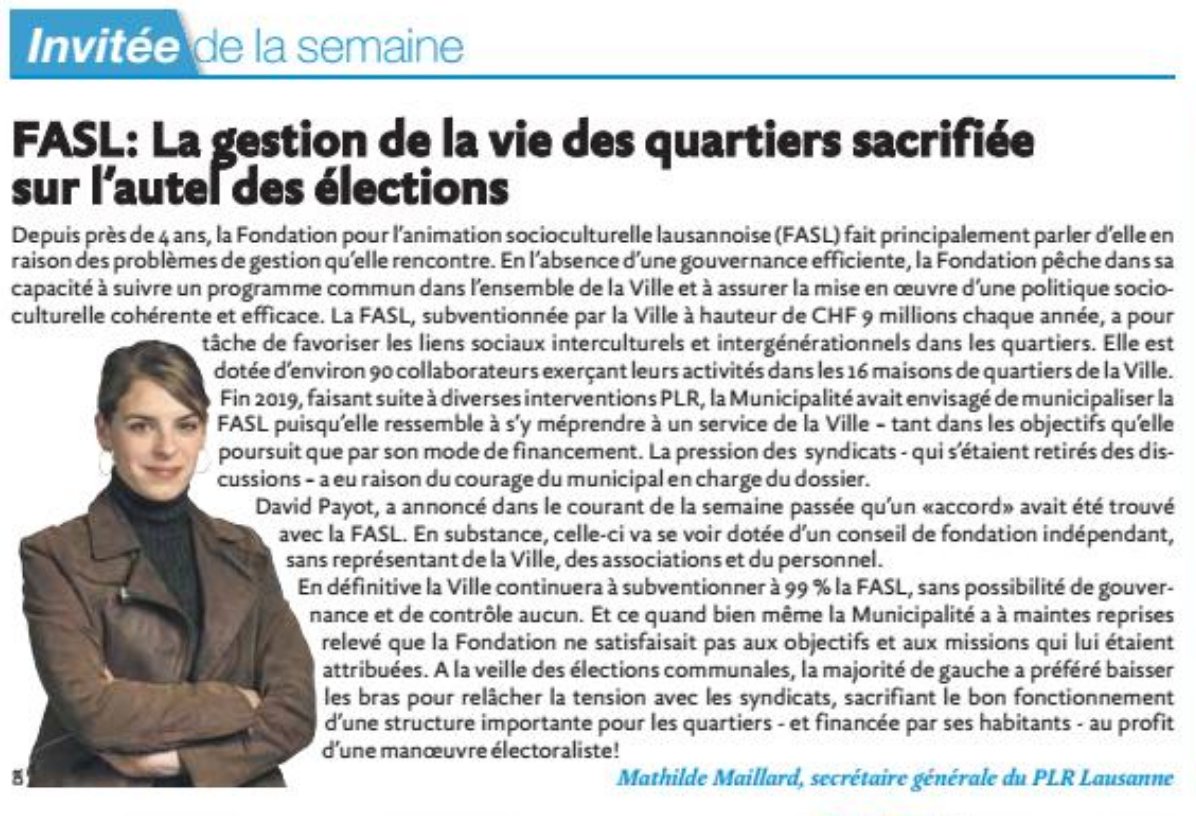 PLRLausanne's tweet image. La Municipalité trouve un accord bancal avec la Fondation pour l'animation socio-culturelle. Notre secrétaire générale @MaillardMathil1 résume en termes clairs et précis ce qui ne va pas dans la gestion de la #FASL, alors que la Ville la subventionne à 99 %. #CCLausanne #lausanne