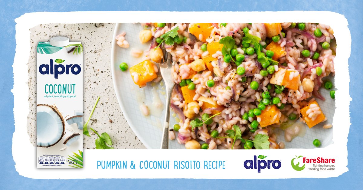 FareShareUK's tweet photo. Halloween pumpkin &amp; coconut risotto. This month’s #SurplusSupper recipe from @Alpro is a tasty way to use up pumpkin leftovers. A quick one-pot #plantbased creamy risotto. Try our recipe and don’t forget to donate https://t.co/OFniPDH1aJ #plantbased @Alpro #SurplusSuper https://t.co/kOoOJ0Ozdq
