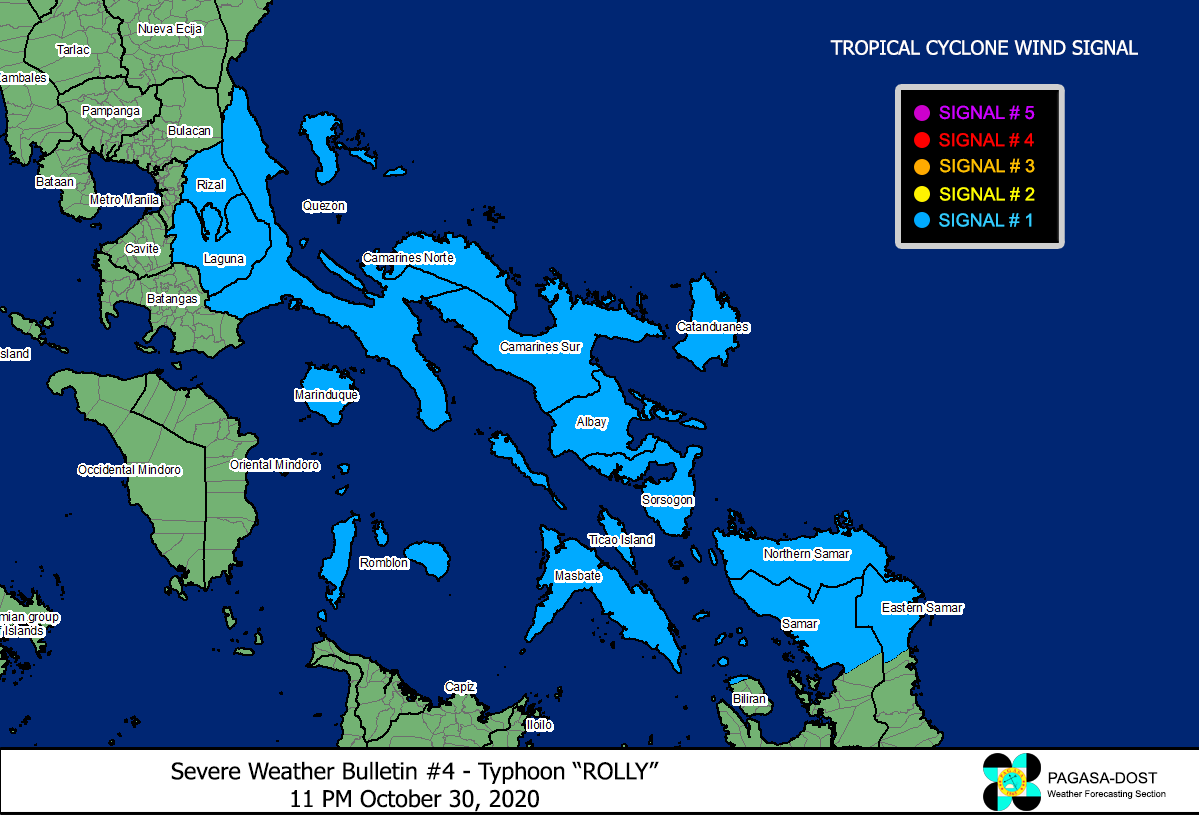 dost_pagasa's tweet photo. SEVERE WEATHER BULLETIN #4
FOR: TYPHOON "#RollyPH" (GONI)
TROPICAL CYCLONE: WARNING
ISSUED AT 11:00 PM, 30 October 2020
(Valid for broadcast until the next bulletin to be issued at 5 AM tomorrow) https://t.co/xrzCsc5TEV