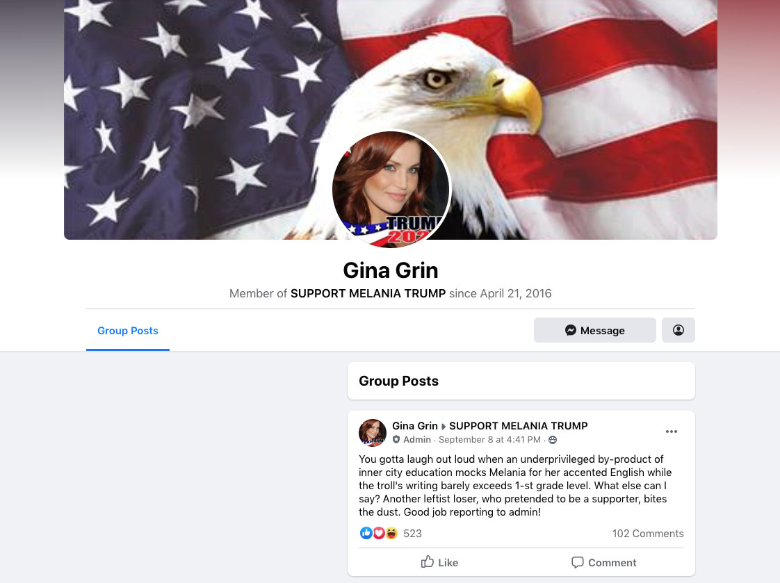 The likely Russian admin, "Gina Grin," had been active in the group for 4+ years. The account posted a profile photo of actress Willa Ford, and pretended to be the pictured woman. They even mirrored the image to avoid reverse image search detection.  https://www.snopes.com/news/2020/10/26/pennsylvania-trump-facebook-group/?utm_source=thread&utm_medium=social&utm_campaign=ggthread