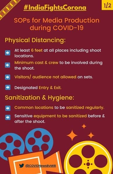 #IndiaFightsCorona:
SOPs for Media Production during #COVID19 ๐
โ๏ธ Physical Distancing
โ๏ธ Sanitization & Hygiene
โ๏ธ Contact Minimization
#StaySafe #IndiaWillWin #Unite2FightCorona https://t.co/cApEYWC3ZO